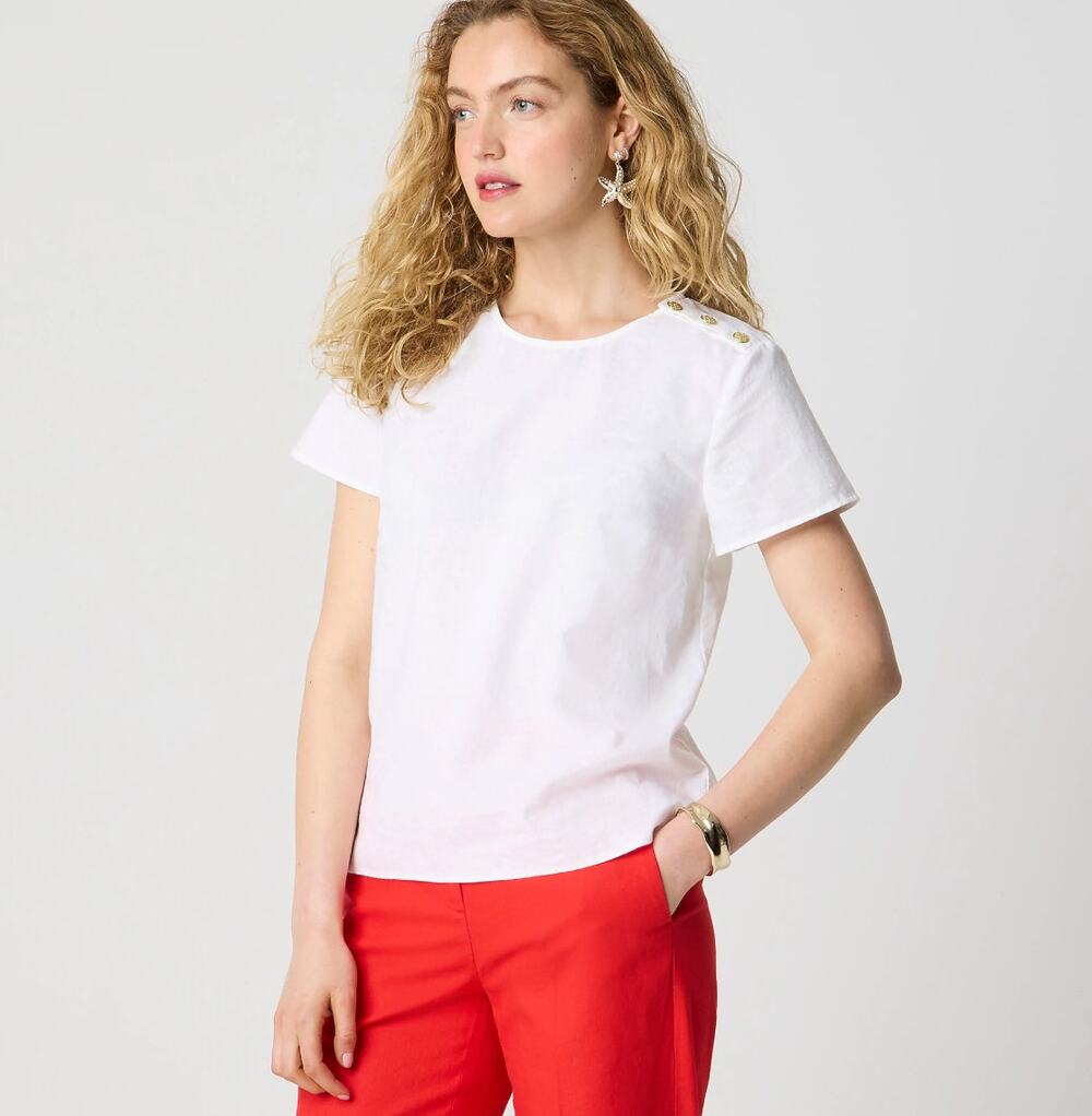 J.Crew Linen Blend Button Shoulder Shirt Top Short Sleeve Preppy White S NWT